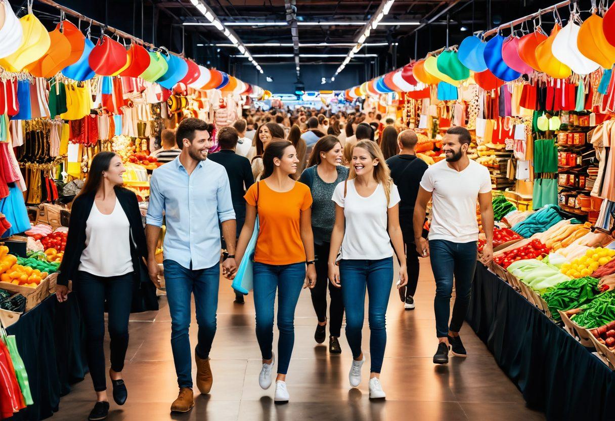 A vibrant scene of excited shoppers exploring a colorful market bursting with various products on flash sale, showcasing price tags with discounts. The atmosphere is energetic, with bright lights and dynamic movement, capturing the thrill of shopping. Include diverse people happily interacting with products and enjoying the experience. super-realistic. vibrant colors. dynamic composition.