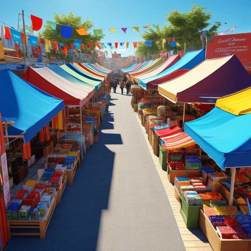 A vibrant market scene filled with colorful stalls showcasing various sale items, shoppers eagerly inspecting bargains, and bright promotional banners fluttering in the breeze. The atmosphere is lively with a clear blue sky, emphasizing the excitement of finding great deals and seasonal promotions. Include elements like price tags and discount signs prominently displayed. super-realistic. vibrant colors. 3D.